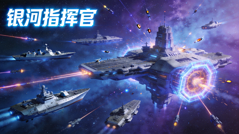 科幻策略游戏《银河指挥官》战斗场景，展示舰队与太空基地