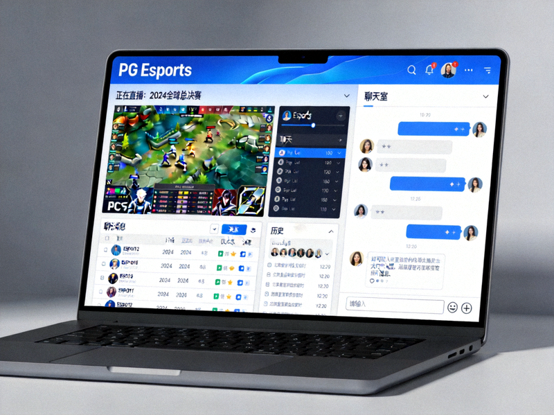PG Esports Windows客户端主界面截图，显示赛事直播列表、聊天窗口与个人资料侧边栏