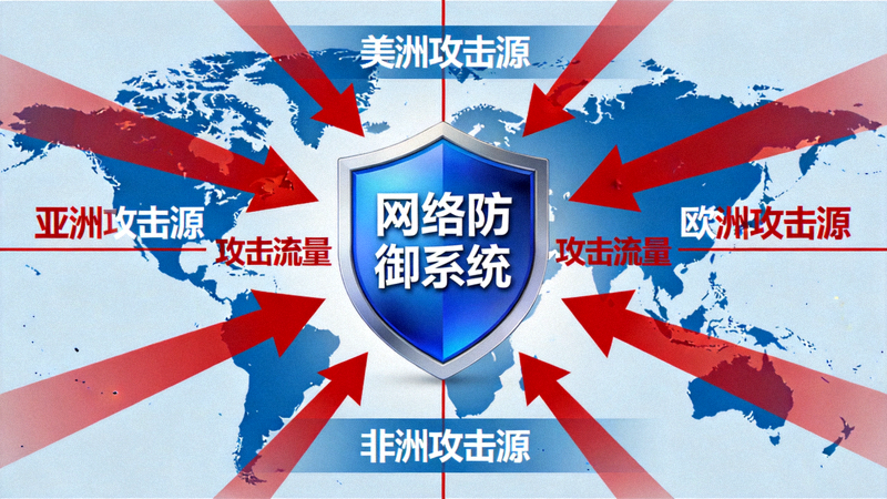 网络防御示意图，显示盾牌阻挡来自全球各地的攻击流量箭头
