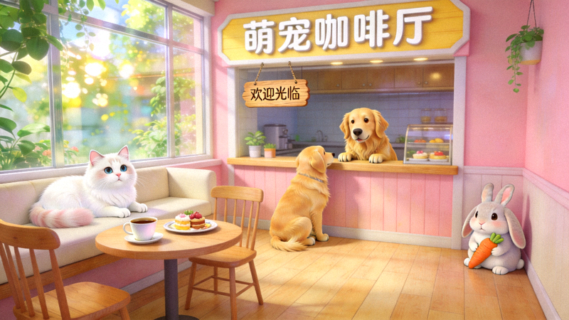 休闲模拟游戏《萌宠咖啡厅》画面，展示可爱动物与温馨店铺